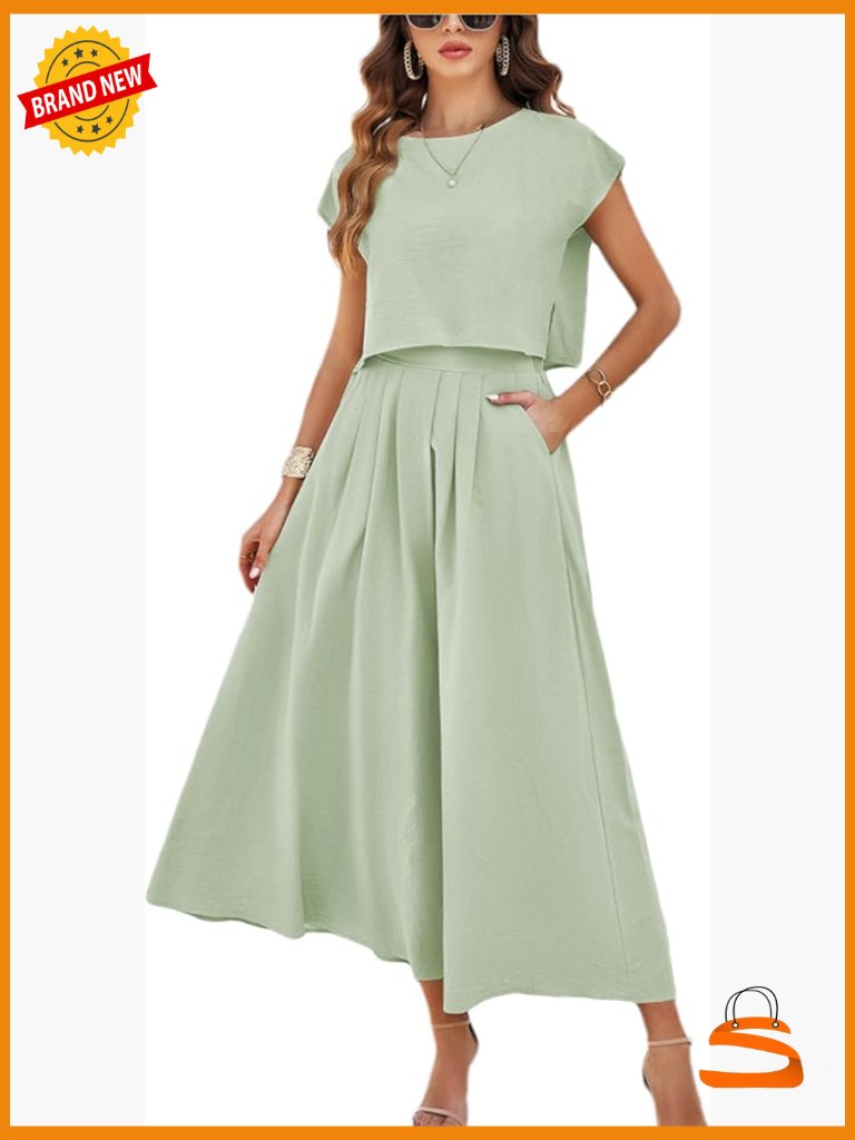 2 Piece Skirt Set Cap Sleeve Top Elastic Waist Maxi Dress With Pockets